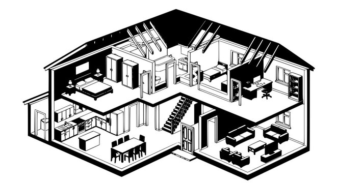 house, home, architecture, plan, floorplan, residential, building, property, layout, interior, cutaway, structure, engineering, blueprint, construction, room, livingroom, kitchen, bedroom, bathroom, v
