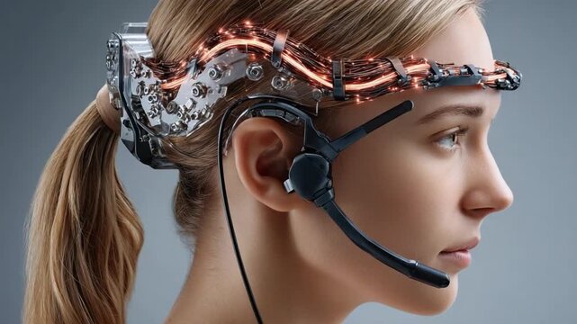 Futuristic Neural Interface: A close-up profile of a young woman wearing an intricate, high-tech neural interface headset, wires glowing with orange light.