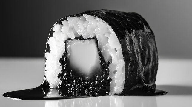 A sushi roll with squid ink rice, bold black-and-white contrast