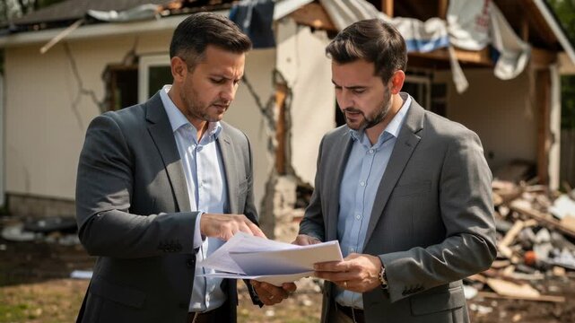 Two professional men in suits inspecting property damage and reviewing documents at a disaster site outdoors