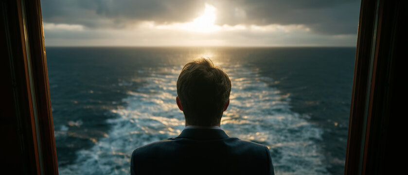 Voyage of Hope: A solitary figure gazes out from a window onto a vast ocean at sunrise, the ship's wake trailing behind, symbolizing new beginnings and the journey ahead.
