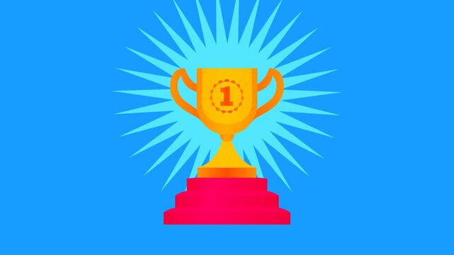 Flat minimal animation of golden trophy cup on winner podium with pedestal and shining rays. Symbol of victory, award and first place celebration loop.