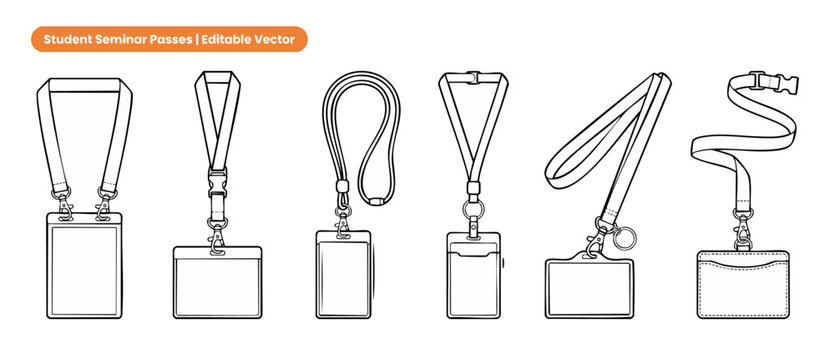 Lanyards ID badge holder vector templates set for student seminar passes, corporate business event access card, blank identification ticket neck strap mockup, minimalist outline line art illustration
