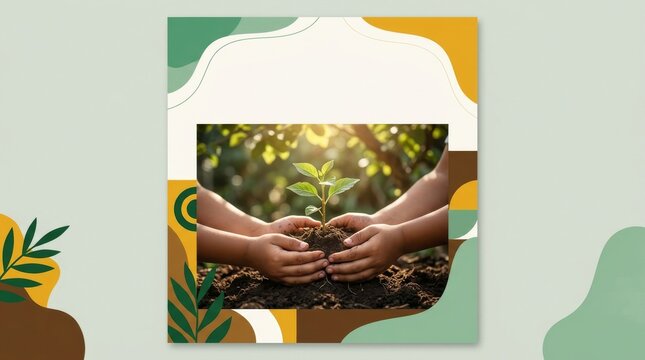 Children's hands holding a new seedling plant in soil outdoors, symbolizing growth and care