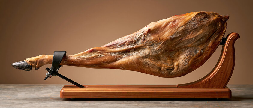 Artisan gourmet concept a whole dry cured ham leg mounted on an elegant wooden carving stand, shot against warm neutral tones. Perfect for luxury food brands, Spanish gastronomy, and.