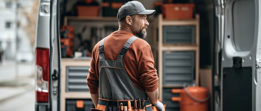 Confident male contractor surveys his neatly organized service van loaded with tools and equipment. Perfect for home repair, construction services, skilled trades, and small business.
