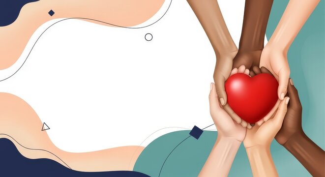 Diverse hands cradling red heart with abstract background