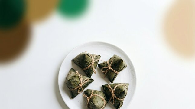 Five zongzi wrapped in bamboo leaves tied with twine, arranged on a white plate with soft, blurred green and beige circles in the background.
