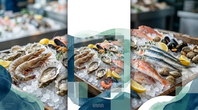 Fresh seafood display with oysters, shrimp, and fish on ice at a market.