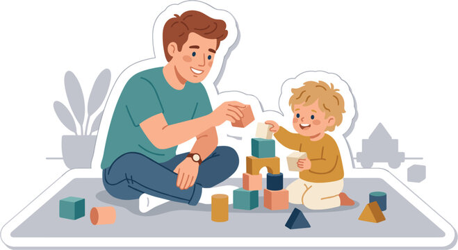 Father vector for playful learning activity with toddler and colorful blocks