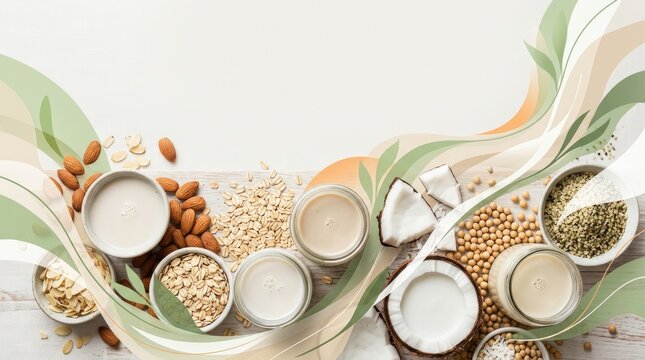 Assortment of plant-based milks and ingredients on a light wooden table with decorative organic shapes. Vegan food photography with copy space.