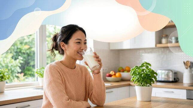 Young Asian woman drinking milk in a sunlit kitchen