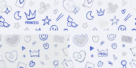 Floral ornament and princess themed doodles in blue line art on a light gray background © Bithi