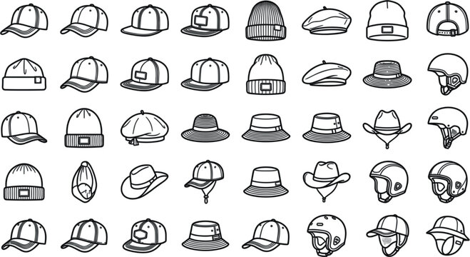 Hat and Headwear Line Icon Set with Baseball Caps Beanies Berets Cowboy Hats Bucket Hats and Sports Helmets for Fashion Apparel and Graphic DesignsHat and Headwear Line Icon Set with Baseball Caps Bea