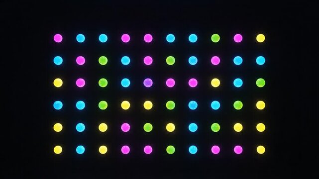 Grid of glowing neon colorful geometric shapes.