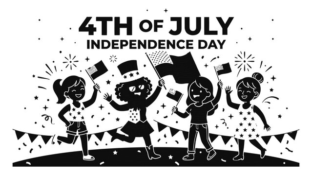 Children celebrate Independence Day by waving small flags in a monochrome graphic illustration style.