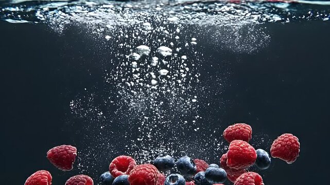 Fresh raspberries and blueberries falling into water with bubbles on a dark background