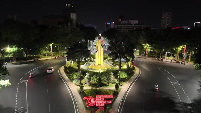 Night View of Bambu Runcing Monument in Surabaya, Indonesia &ndash; Aerial Drone Footage