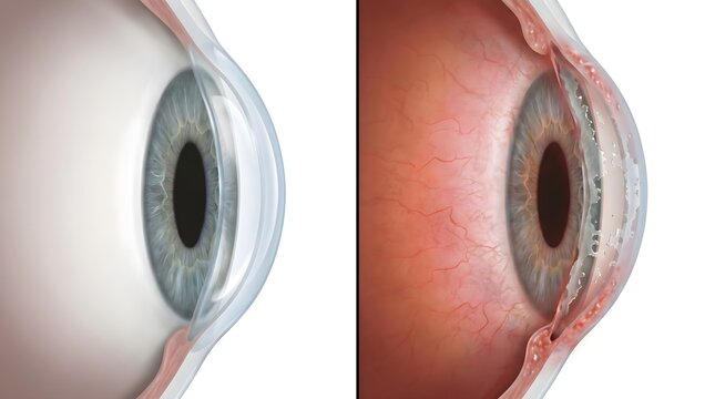Detailed cross-section of a healthy human eye contrasted with a visibly inflamed and damaged eye, illustrating ocular health differences
