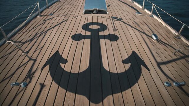 Heavy Metal Anchor Silhouette Shadow on a Wooden Boat Deck Representing Marine Nautical and Ocean Travel Concepts