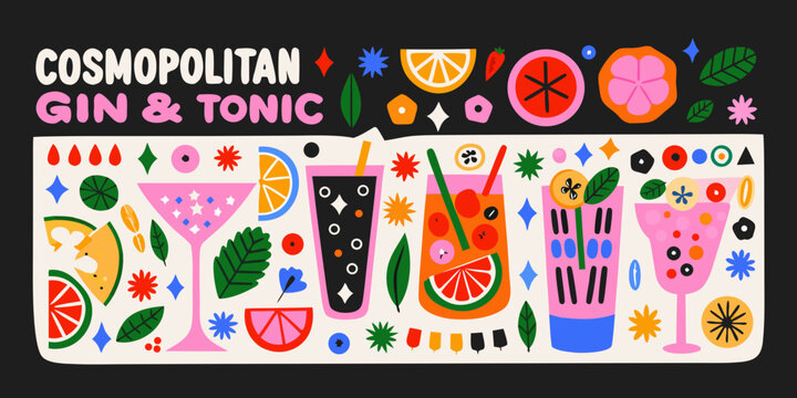 Cocktail and citrus fruit vector illustration with colorful shapes on a black background cosmopolitan gin