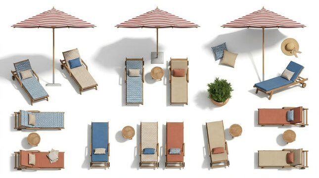 Outdoor lounge furniture layout top view patio chairs umbrellas cushions plants summer photo