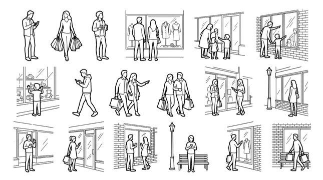 Street retail outline scene &mdash; shoppers window display storefront families children CAD figures
