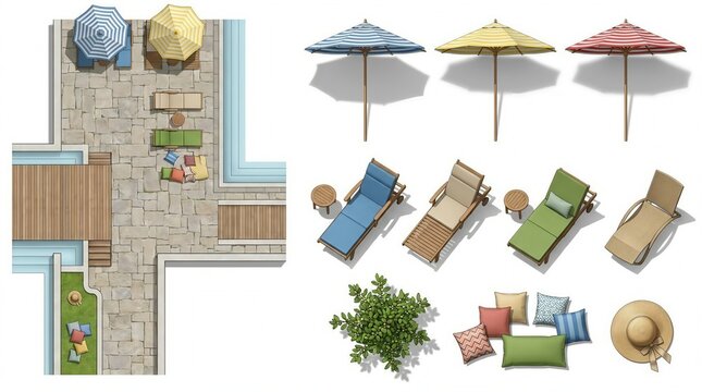 Poolside patio furniture layout top view lounge chairs umbrellas cushions plants summer photo