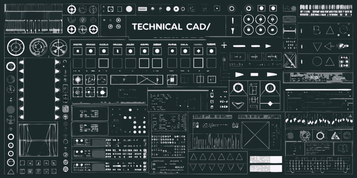 Technical cad interface elements blueprint style vector illustration with geometric shapes and symbols drawing software
