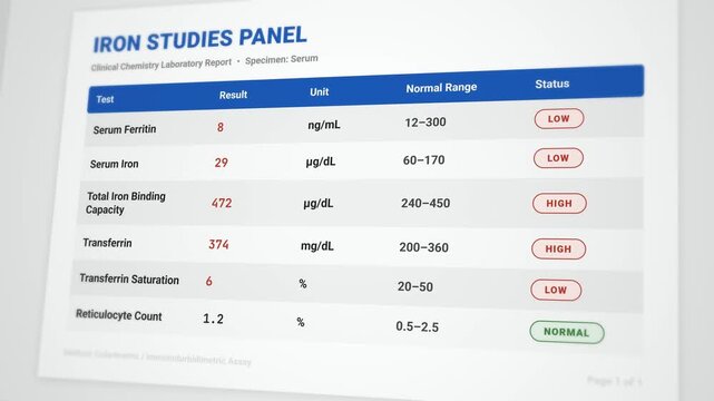 Interactive animated iron studies panel report template: detailed ferritin and serum results with low iron deficiency values flagged