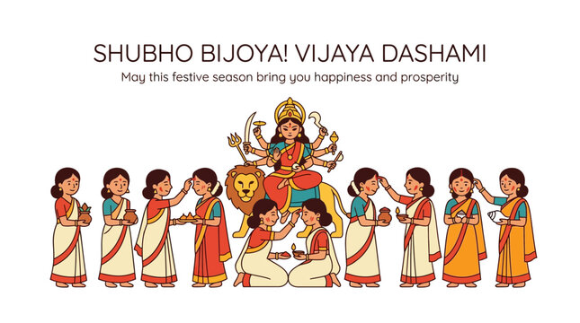Shubho Bijoya Vijaya Dashami Greeting with Goddess Durga and Women Celebrating
