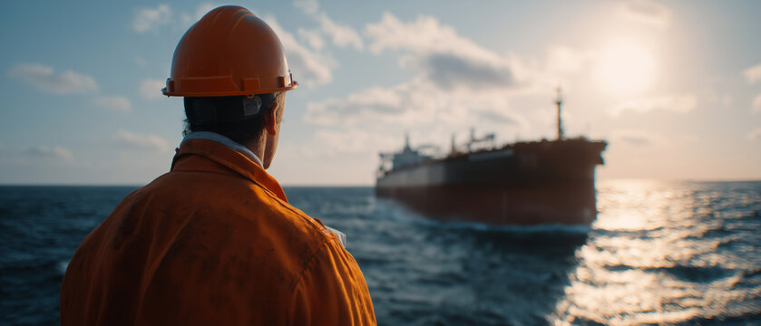 Seafarer's Gaze: A mariner in an orange hard hat and jacket looks out at a large cargo ship sailing across a calm, sun-drenched ocean.