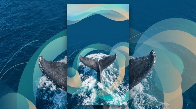Humpback whale tail flukes break the ocean surface with water splashing in a wide shot from above.