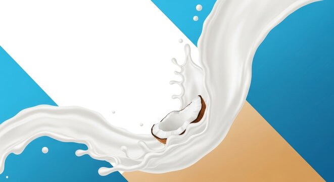 Coconut piece splashing into milk with white and blue background