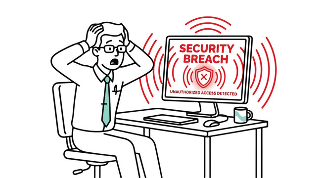 Cyber security breach alert on computer screen, stressed office worker experiencing data hack, unauthorized access detected vector illustration