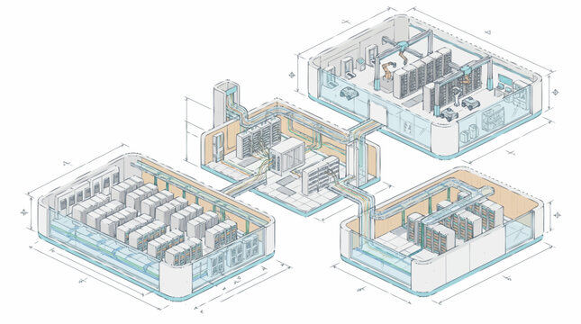 Detailed 3D factory building blueprint.