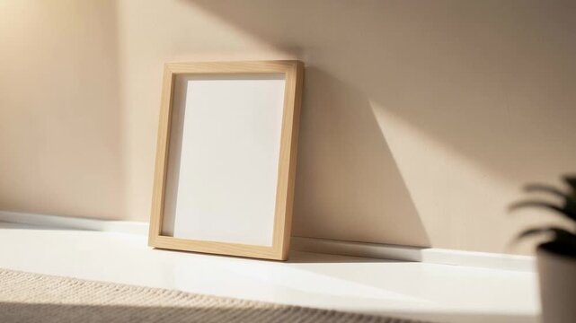 Minimalist wooden photo frame on white shelf with soft natural light and modern home decor