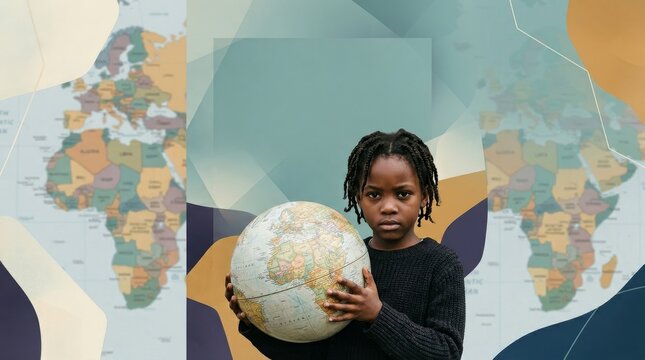 Young Black child in casual sweater holding Earth globe against abstract world map backdrop. Future leader contemplating global issues with serious expression.