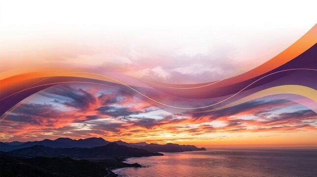 Vibrant sunset over rugged coastline with flowing abstract overlay