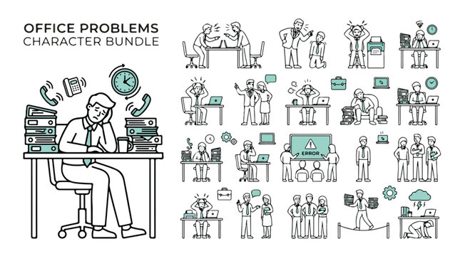 Office problems character bundle, stressed business employees in workplace conflict situations, flat line vector set of professional burnout