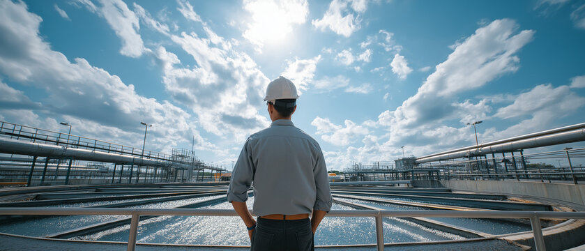 Industrial Panorama: A lone engineer wearing a hard hat stands with hands in pockets, gazing out at a vast industrial complex under a dramatic sky, symbolizing progress and large-scale operations.