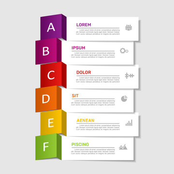 Six-step vertical banner infographic template with folded number tabs, placeholder text, business icons. Vector illustration.