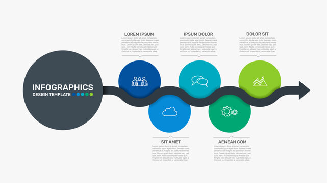 Modern business infographic template featuring five colorful circular steps along a wavy arrow. Vector illustration.