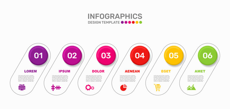 Modern business infographic template featuring six numbered colorful circular steps and line icons. Vector illustration.
