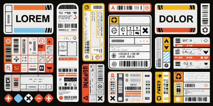Assorted Retro Futuristic Label Stickers With Barcodes And Geometric Shapes Vector Illustration adhesive decals barcode