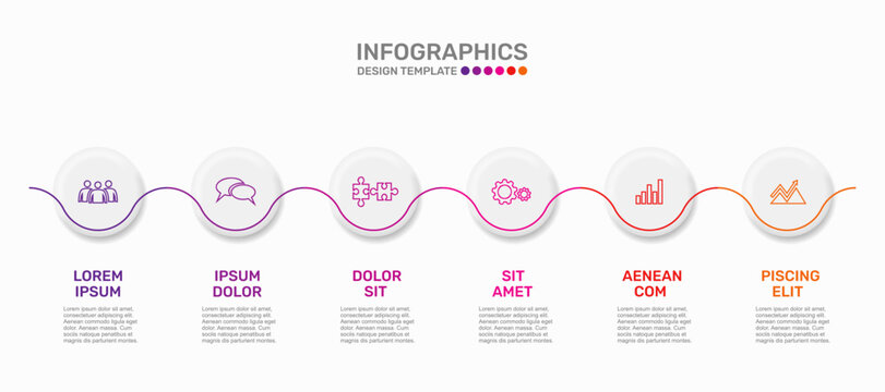 Modern business infographic template featuring circular steps with line icons and text. Vector illustration.