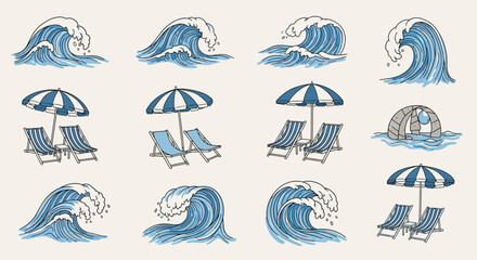 Naklejka premium Ocean Waves and Beach Chairs Illustration Collection