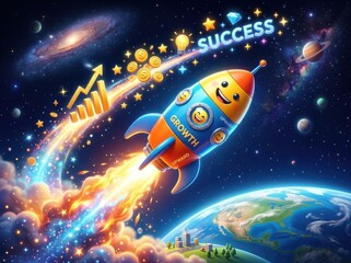 Naklejka premium Cartoon rocket launching towards success with financial growth chart