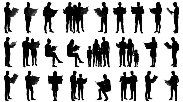 Figures reading newspaper silhouette set &mdash; solo couple family seated standing child diverse urban
