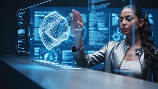 Woman Interacting With Futuristic Holographic Interface Displaying Data